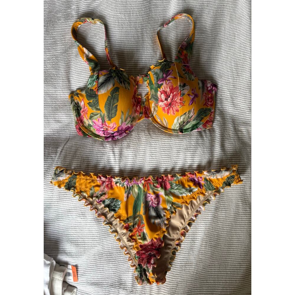 Shade & Shore Tropical Floral Underwire Bikini Set 34D/M Yellow Ruffle